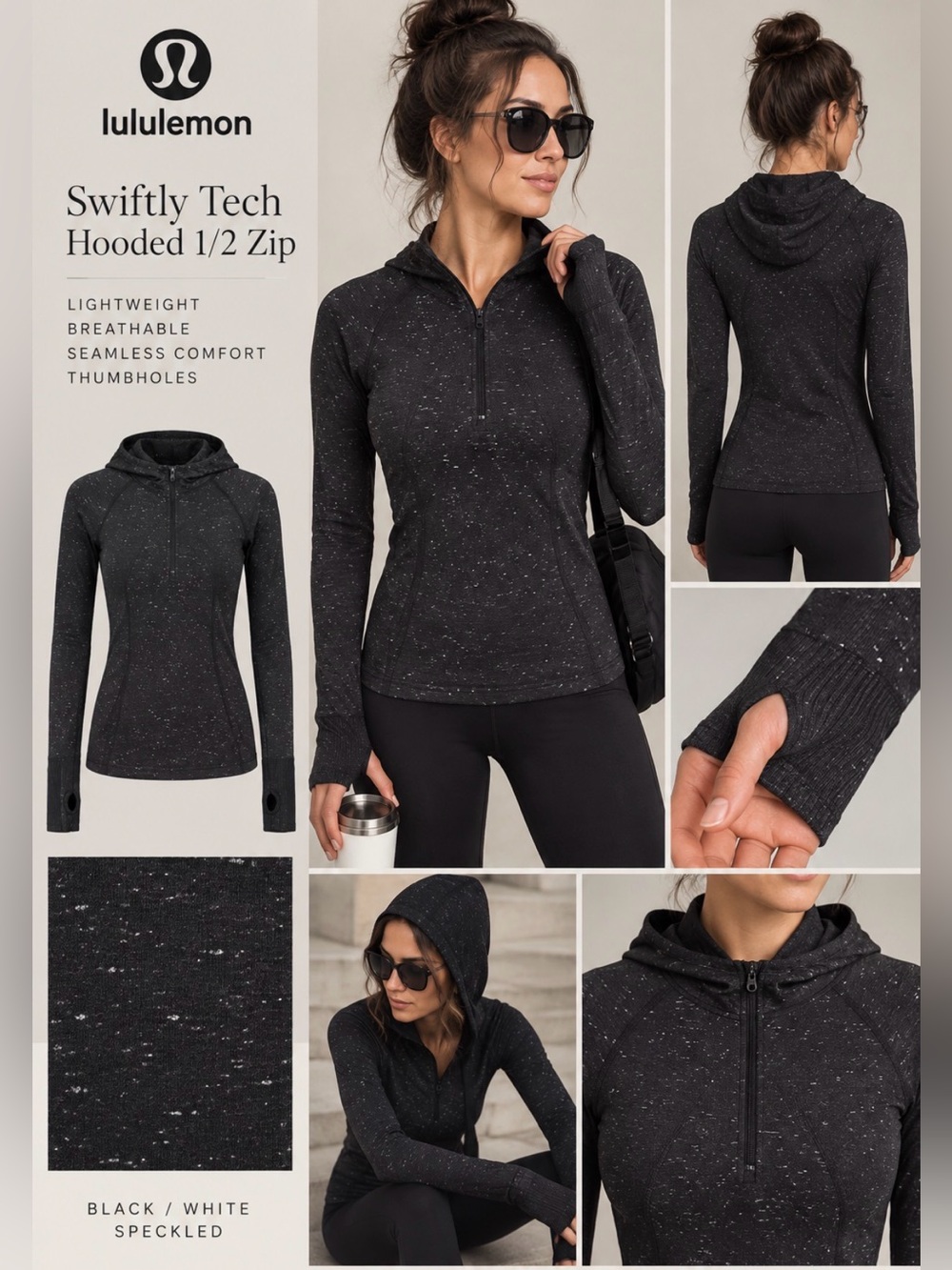 Lululemon Swiftly Tech Hooded 1/2 Zip Womens Black White Thumbholes Size 4